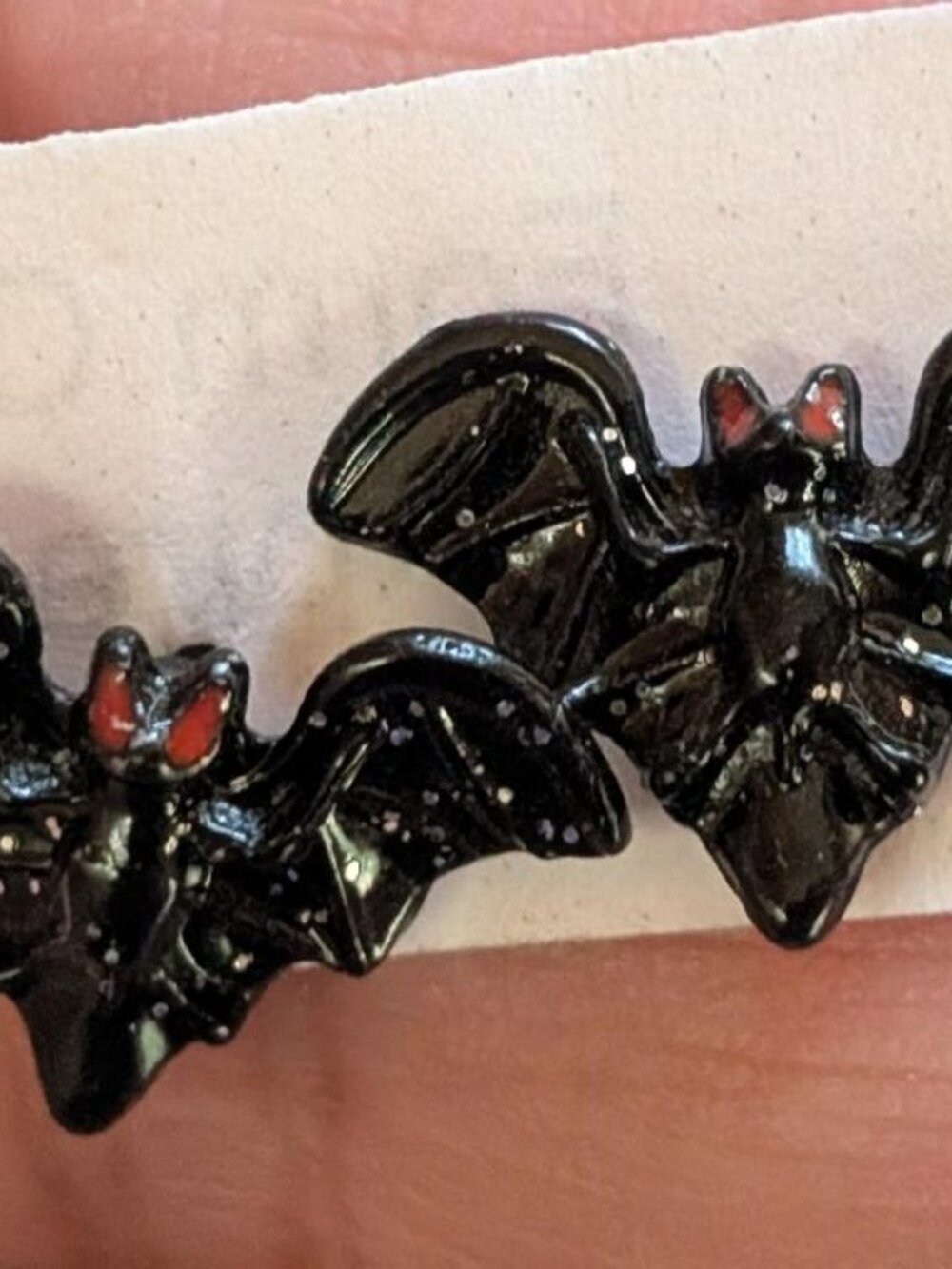Vintage Halloween Acrylic Black Bat Stud Earrings with Red Eyes. - Picture 2 of 4